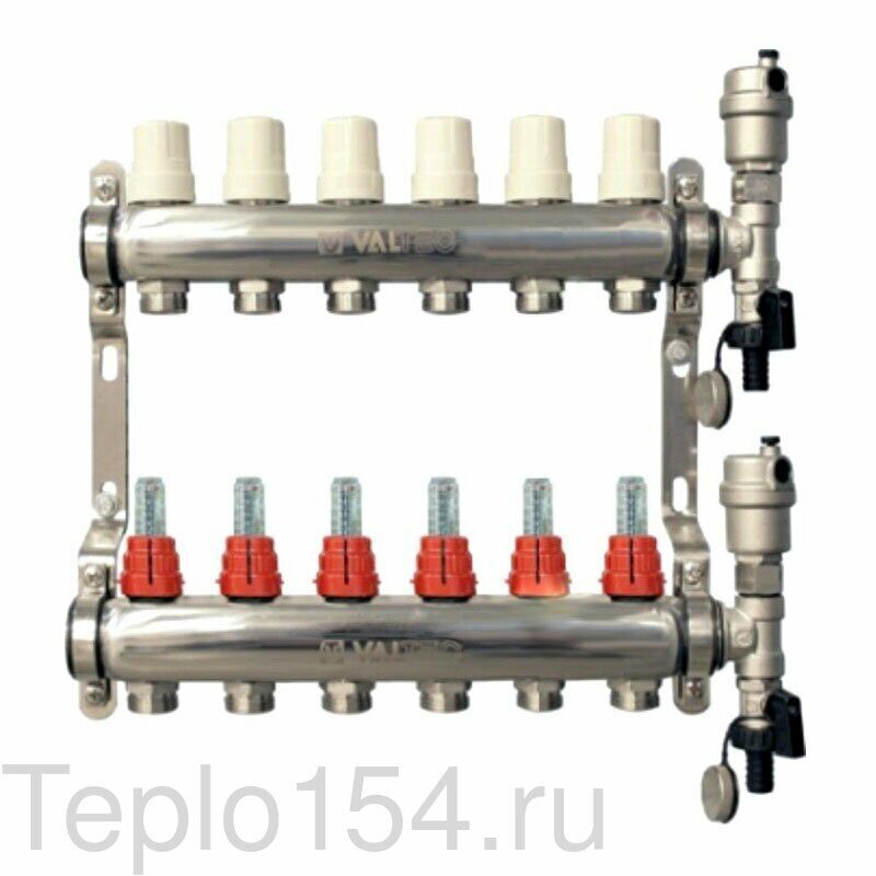 Группа коллекторная с расходомерами в сборе 1"*6 выходов евроконус 3/4" нержавеющая сталь, Valtec
